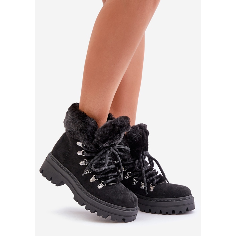 Trappeurs à lacets avec fourrure pour femme, noir Vaminia 1