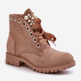 Bottes isolées en daim avec perles et ruban, Beige Perla 4