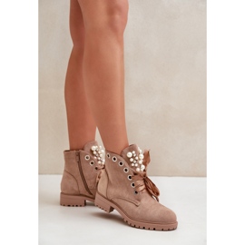 Bottes isolées en daim avec perles et ruban, Beige Perla 3