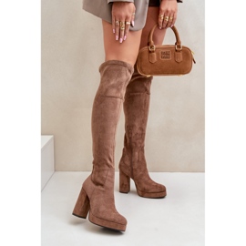 Bottes à talons hauts et à plateforme avec dessus au-dessus du genou, éco-suède Zistaria beige foncé 2