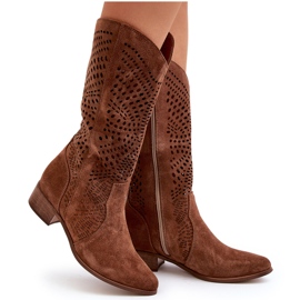 Zazoo 3305/P Bottines Mi-Mollet En Daim Ajourées Marron 4