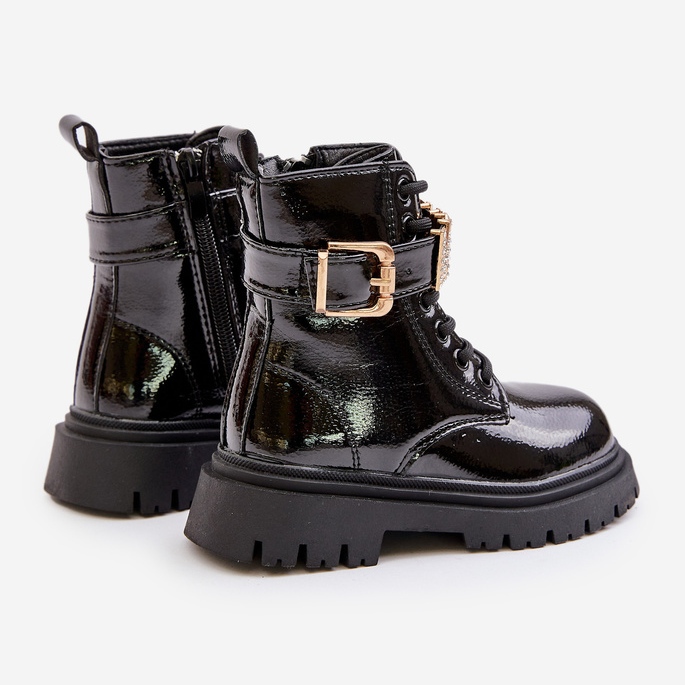 Bottines fille en cuir verni à bride décorative, noir Gilian 2