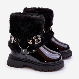 Bottines fille en cuir verni avec fourrure et boucles, Noir Cartemes 1