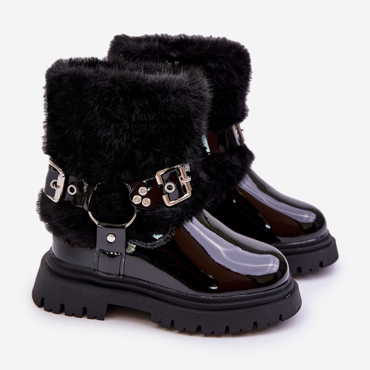 Bottines fille en cuir verni avec fourrure et boucles, Noir Cartemes 1
