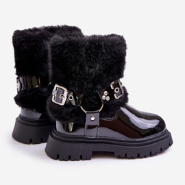 Bottines fille en cuir verni avec fourrure et boucles, Noir Cartemes 2