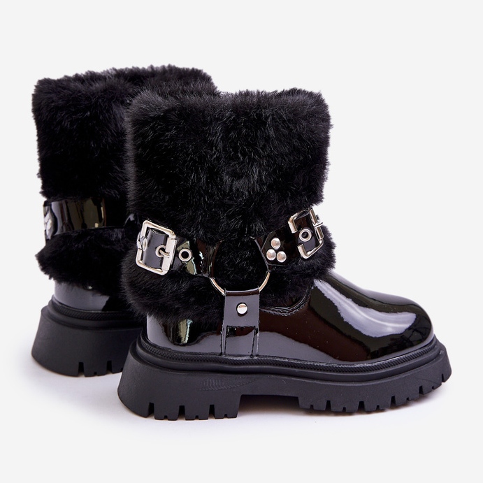 Bottines fille en cuir verni avec fourrure et boucles, Noir Cartemes 2