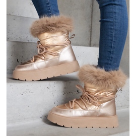 Bottes de neige femme isolées beiges avec fourrure d'or 1