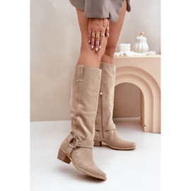 Bottes En Daim À Talons Bas Avec Dessus Au-dessus Du Genou Zazoo 3444/O Beige Clair 2