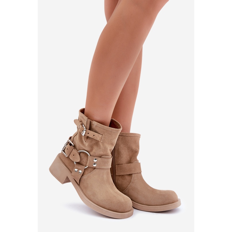Bottines Femme En Daim Sur Bloc Talon Bas Avec Lanières Zazoo 3644 Beige 1