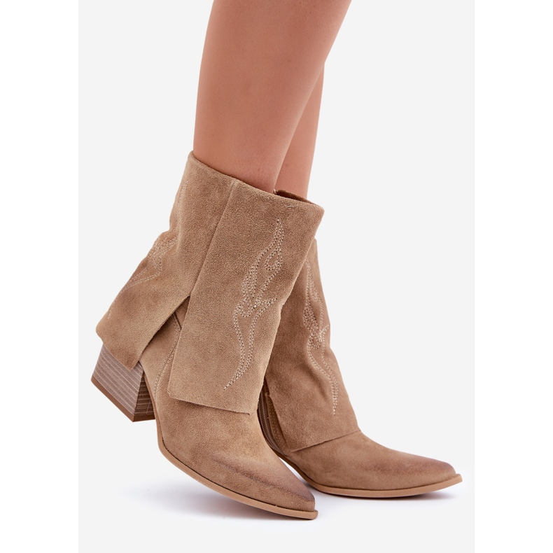 Santiags En Daim Sur Talon Haut Avec Dessus Remonté Zazoo 3488 Beige 1