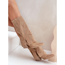 Bottines Mi-Mollet En Daim À Talon Supérieur Remonté Beige Zazoo 3487 8