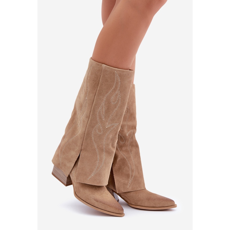 Bottines Mi-Mollet En Daim À Talon Supérieur Remonté Beige Zazoo 3487 1