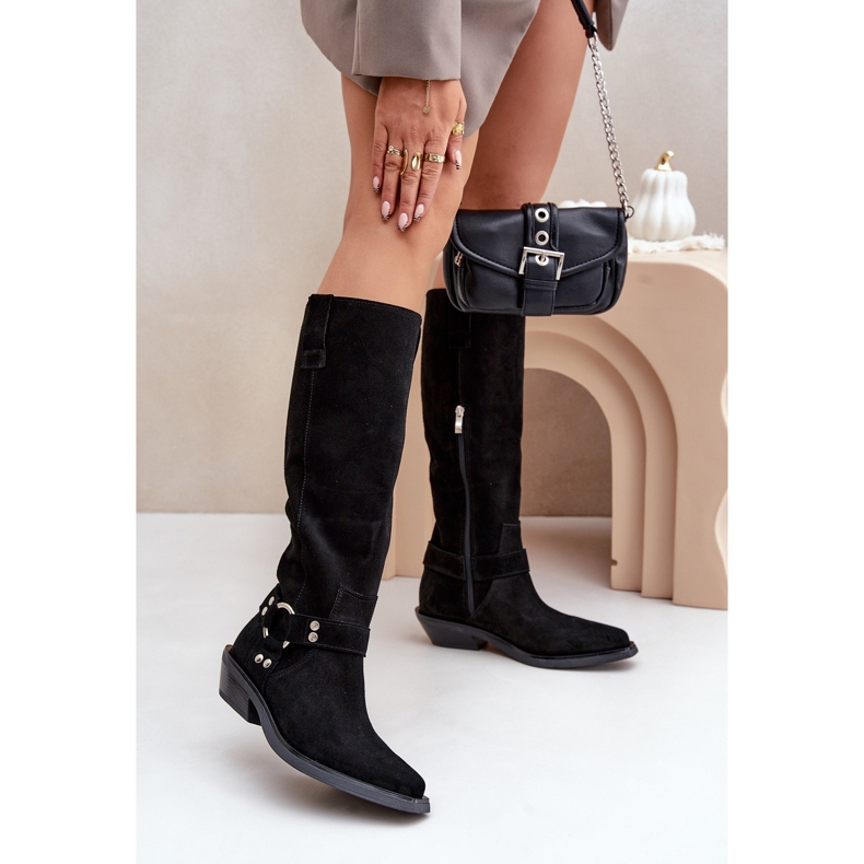 Bottes Cowboy En Daim À Talons Bas Avec Décoration Zazoo 3656 Noir 2