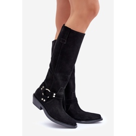 Bottes Cowboy En Daim À Talons Bas Avec Décoration Zazoo 3656 Noir 1