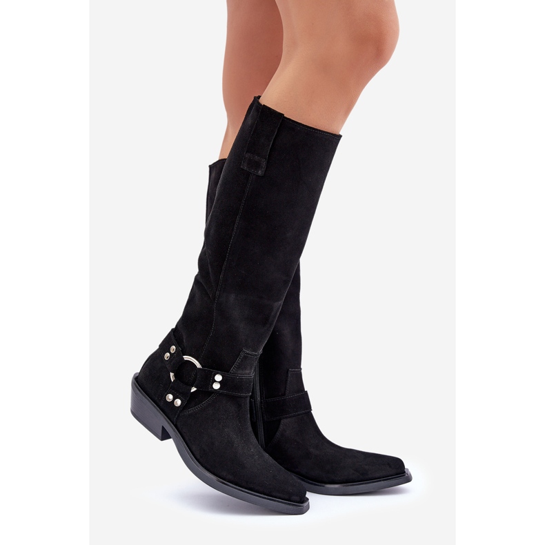 Bottes Cowboy En Daim À Talons Bas Avec Décoration Zazoo 3656 Noir le noir 1