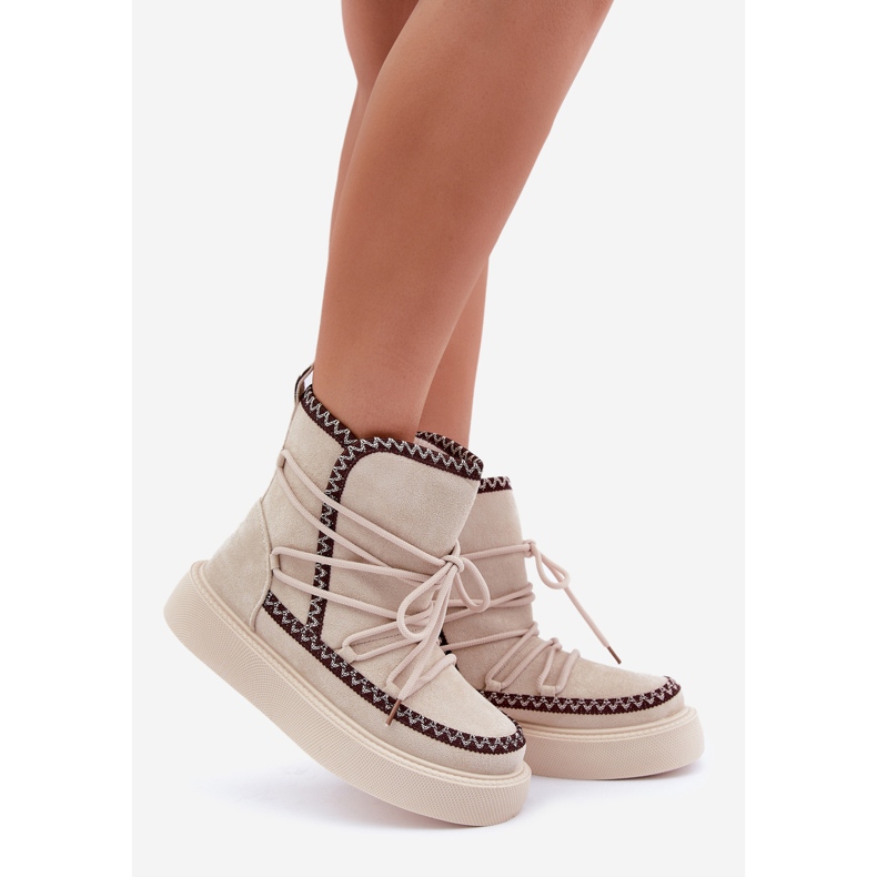Boots de neige femme avec broderie sur la plateforme, beige clair 1