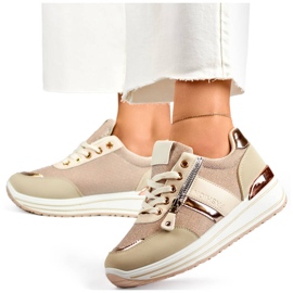 Chaussures de sport femme, baskets beiges à paillettes 9053-SP-BE 1