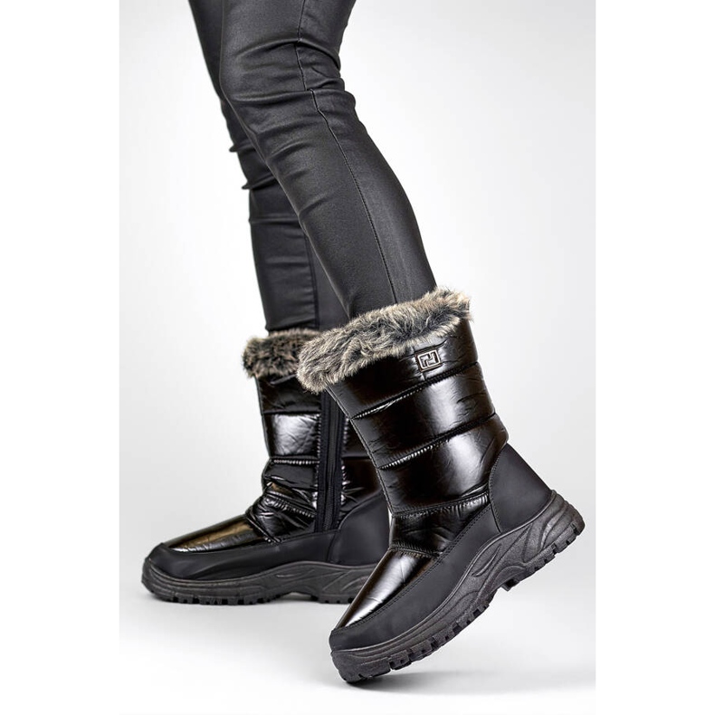 Bottes de neige pour femmes avec fourrure et fermeture éclair, noires N1612B 1