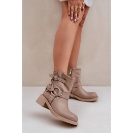 Bottines Femme En Cuir Sur Bloc Talon Bas Avec Lanières Zazoo 3644 Beige 2