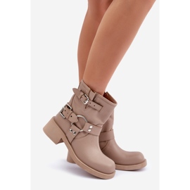 Bottines Femme En Cuir Sur Bloc Talon Bas Avec Lanières Zazoo 3644 Beige 1