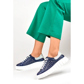 Chaussures plateforme en cuir perforé, bleu marine GD-XF72N 1