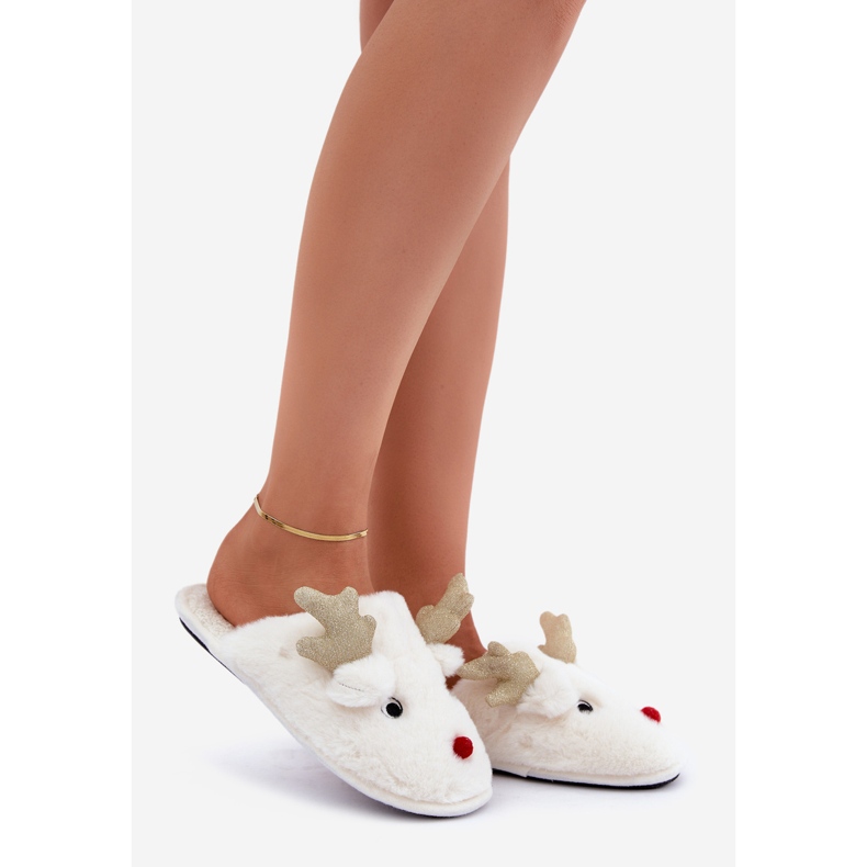 Chaussons de Noël à motif renne, fourrure, blanc 1