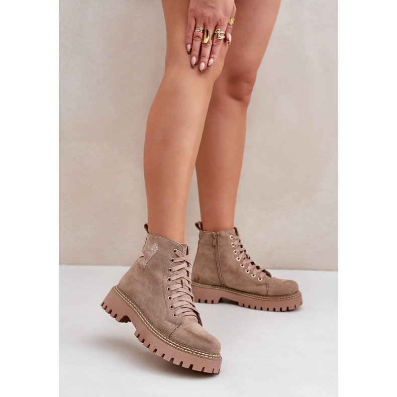 Bottines femme avec coeur pailleté, beige foncé 2