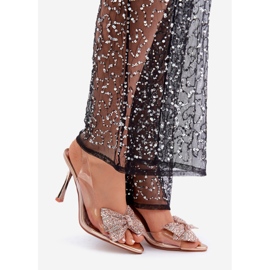 Sandales à talons hauts transparentes avec nœud brillant, or rose doré 1