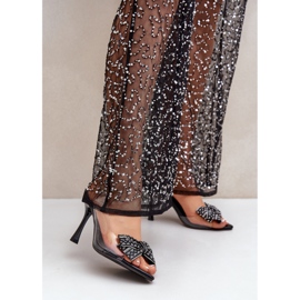 Sandales à talons transparentes et nœud brillant, noir 1