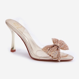 Sandales à talons transparentes avec nœud doré brillant d'or 4