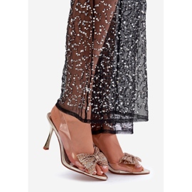 Sandales à talons transparentes avec nœud doré brillant d'or 1
