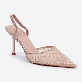 Talons hauts à talon ouvert décoré de paillettes dorées d'or 4
