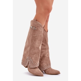 Bottines beige foncé à tige retroussée sur talon haut 1