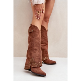 Bottines marron à tige retroussée sur talon haut brun 2