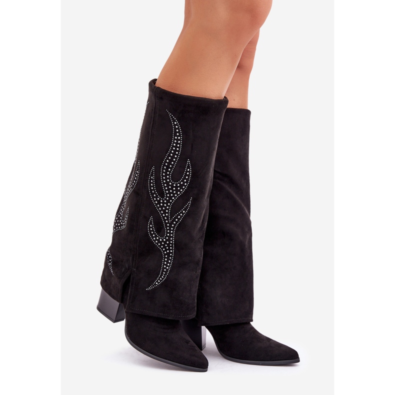 Bottines décorées à tige retroussée sur talon haut, noir 1