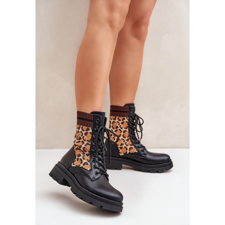 Bottines Worker Femme Avec Chaussette Imprimé Léopard Noir Penthis 2