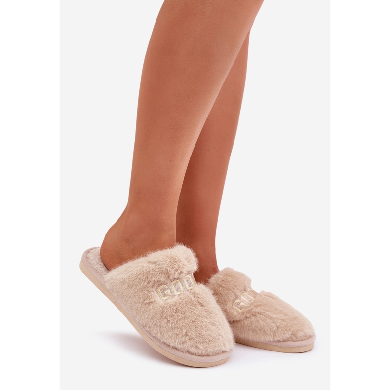 Chaussons femme avec fourrure et inscription, beige 1