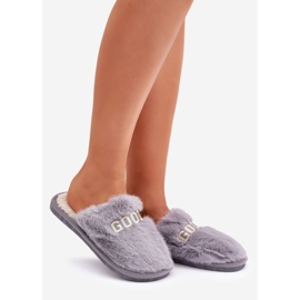 Chaussons femme avec fourrure et inscription, gris 1