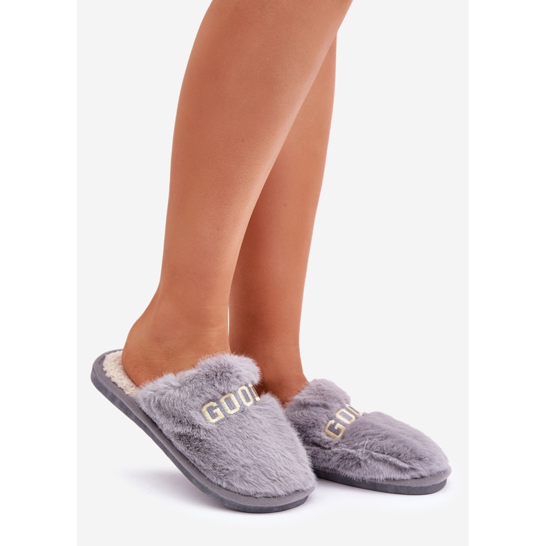 Chaussons femme avec fourrure et inscription, gris 1