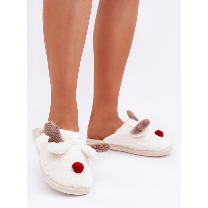 Chaussons Femme Fourrure Motif Renne Blanc 2