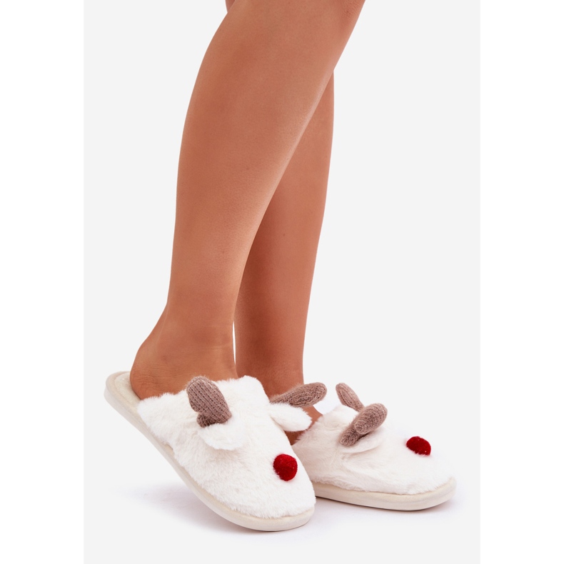 Chaussons Femme Fourrure Motif Renne Blanc 1