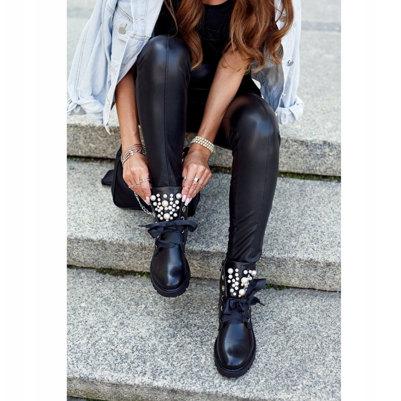 Ideal Bottes chaudes pour femmes avec perles et ruban noir 3