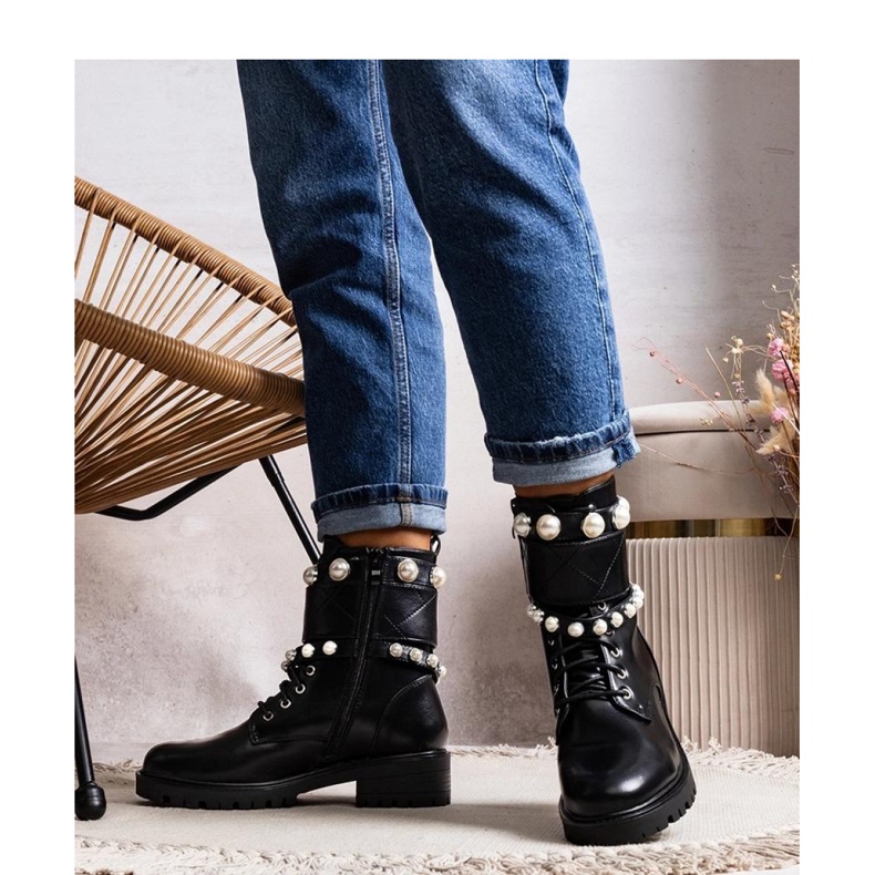 Solea Bottines noires à lacets pour femme avec perles 1