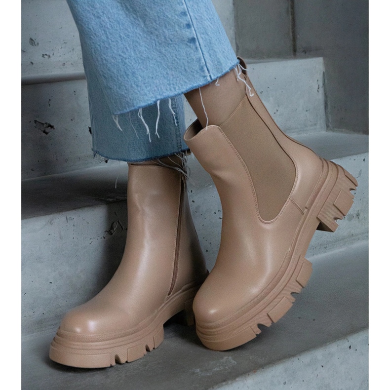 Bottines isolées beiges avec fermeture éclair, éco-cuir 1