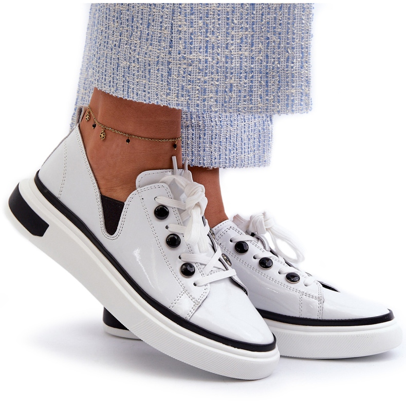 S.Barski Chaussures de sport pour femmes laquées en cuir LR535 blanc blanche 4