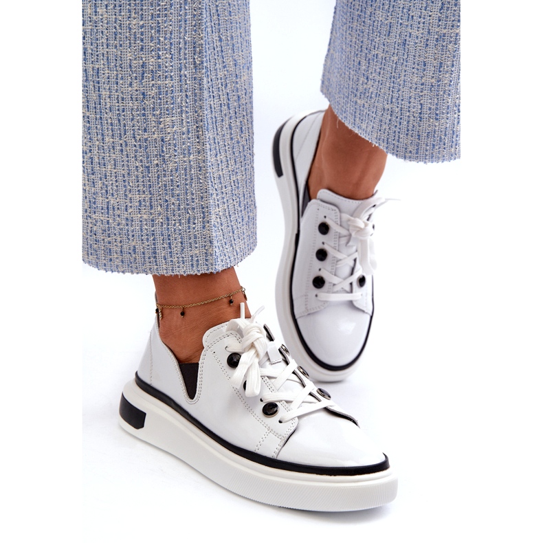 S.Barski Chaussures de sport pour femmes laquées en cuir LR535 blanc blanche 1