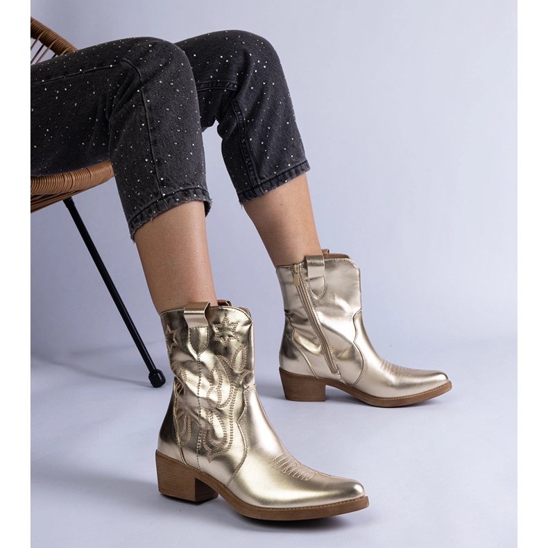 Bottes de cowboy pour femmes dorées avec bottines à talons hauts métallisées 1