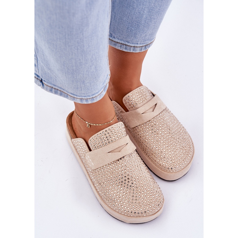 Des pantoufles pour femmes décorées de zircons sur la plate-forme beige 2