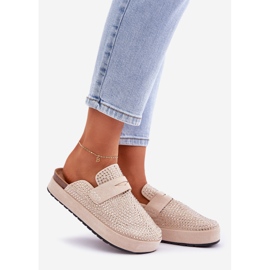 Des pantoufles pour femmes décorées de zircons sur la plate-forme beige 1