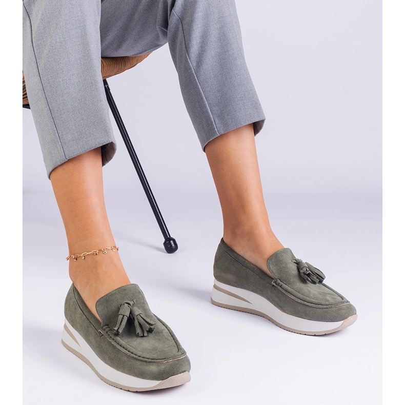 Mandards pour femmes vertes sur la plate-forme avec franges 1